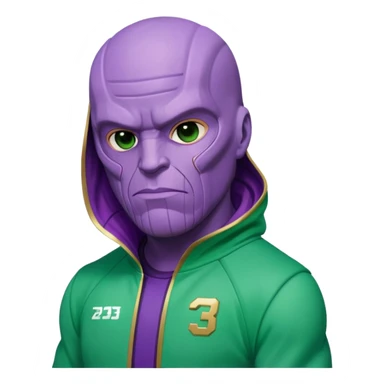 purple-skinned Thanos wearing a green Squid Game player tracksuit with number 230 sticker