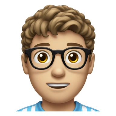A shy teenage boy with tousled brown hair, large blue eyes, and thick black-rimmed glasses. He wears a light blue striped polo and has a white cast on his left arm. he's nervous sticker