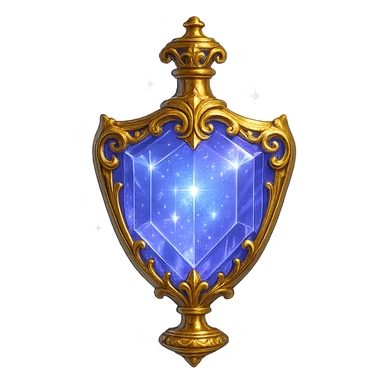 luxurious crystal elixir bottle in shield shape, color #7986cb, lots of shining, edges, ornaments, golden details, magical effects, very small golden neck, transparent background, beautiful seamless bottom, bottle clearly floating in air, no base or shadow, modern, fits collection sticker