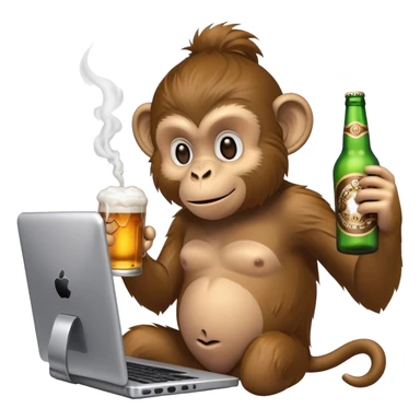 monkey playing games on a pc with a vape in one hand and holding a beer in the other sticker