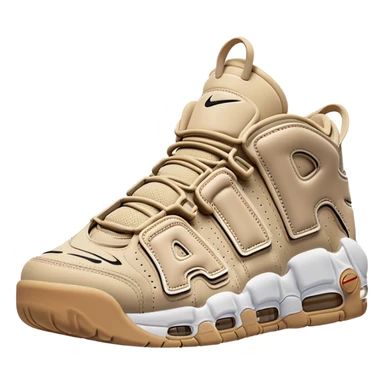 A pair of beige Nike Air More Uptempo sneakers in iOS emoji style, with left and right shoes positioned with one slightly behind the other, featuring minimalist design with the iconic AIR lettering on sides sticker