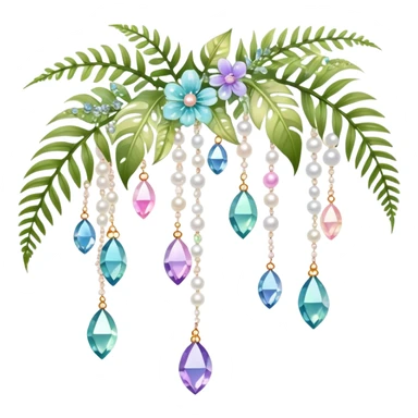 Exotic romantic pretty pastel Few cute tiny Iridescent glistening glossy sparkly shiny glittery hanging crystals pearls and beads and gemstones scenery scenic decorations with vines and ferns and flowers sticker