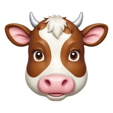 Cinematic Cute Brown and White Cow Portrait Emoji, Head tilted playfully and inquisitively, featuring a glossy, richly patterned hide of brown with striking white patches, round, sparkling brown eyes filled with gentle curiosity, Simplified yet irresistibly adorable features, highly detailed, glowing with a warm, friendly glow, high shine, affectionate and serene, stylized with a touch of country charm, bright and endearing, soft glowing outline, capturing the essence of a mischievous yet loving cow, so playful it feels like it could moo out of the screen and into your arms! sticker