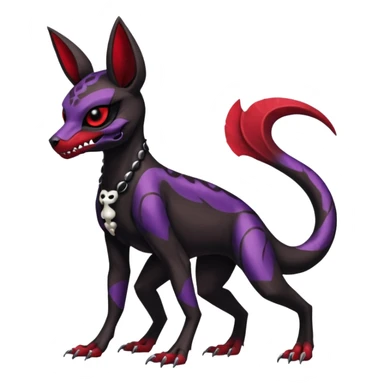 Gothic Black red purple Scaley Exotic Salandit-Umbreon-Houndoom-Fakémon-hybrid-creature (full body), 4 legs, skull face mask sticker