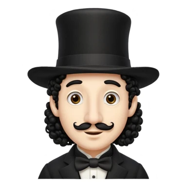 A man with a big nose and a black hat like a top hat but round and all black, with a strand of curly hair coming out from both sides of the hat, the strand of hair should be long and just 1 hair  sticker
