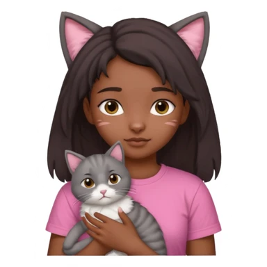 An Indian teenager girl with a pink t-shirt holding her gray cat with folded ears sticker