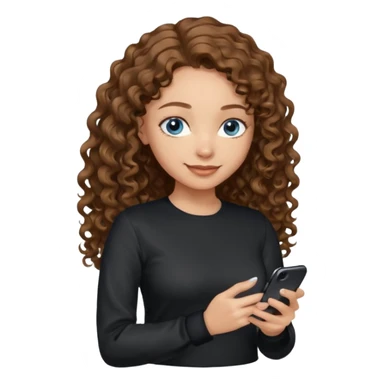 generate a pretty woman with blue eyes, light skin and medium brown long wavy/curly shiny hair holding a phone she is looking at the phone while looking down at the screen. she is wearing an ALL black long sleeve sticker