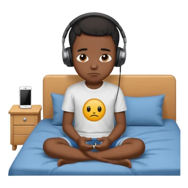 Sad black kid with headphones on sitting on a bed sticker