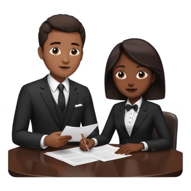 man in formal suit talking to woman in formal suit, they sit, papers in hands on the table sticker