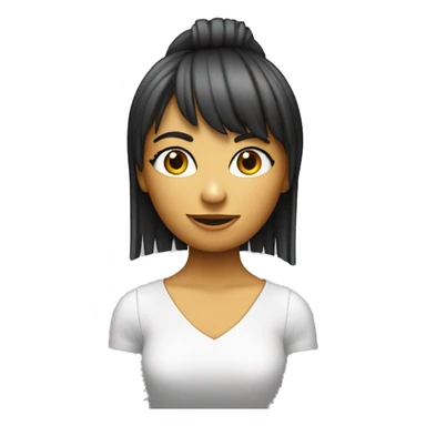 Chica con flequillo partido a la mitad y pelo rubio oscuro y piel blanca con cara de cansada y una computadora apple  sticker