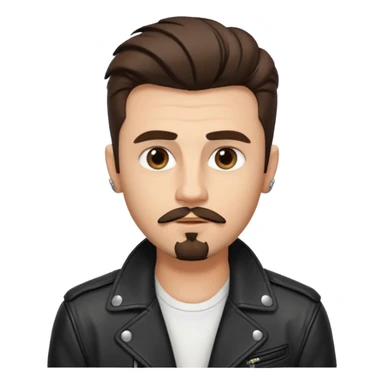 generate emoji style guy with slick James dean hair with front tendrils, mustache and goatee facial hair, wearing a white shirt and a black leather jacket , several silver piercings in ear, with dark brown hair and make eyes more almond shaped inspired by the image I shared sticker