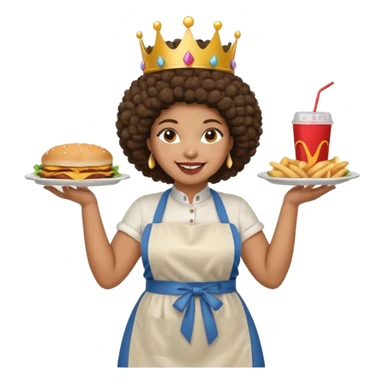 Mujer curvy afro, con vestimenta cómoda y delantal,con una corona sobre su cabeza y sonrisa contagiosa. Entre brazos comida rapida sticker