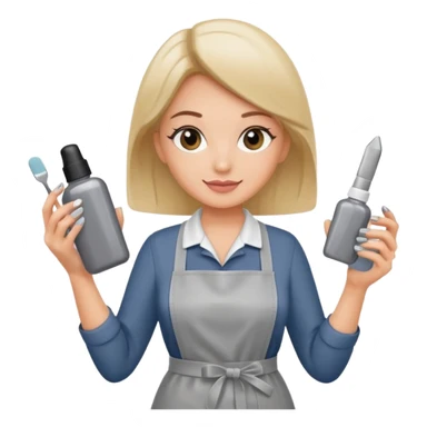 female nail master in grey apron with small gel polish in one hand and nail file in other  sticker