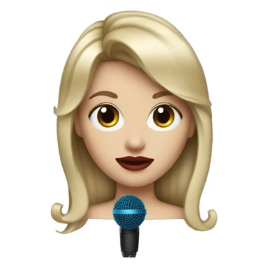 A white woman with dirty blonde hair and bangs with blue eyes and red lipstick with a microphone  sticker