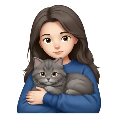 Brunette girl with dark blue sweatshirt snuggling a fluffy grey Siberian cat sticker