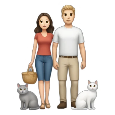 white brun man and brunette woman with a fat gray cat in their arms sticker