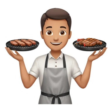 A cheerful man in an apron flipping meat on a sizzling grill with smoke puffing upward. sticker