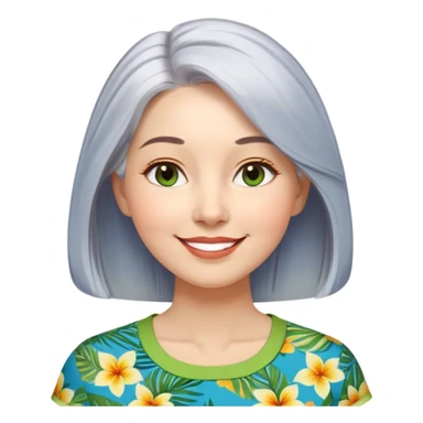 A woman with light complexion, oval face with soft rounded features, full cheeks, gentle almond-shaped eyes with subtle smile lines, longer silver-gray hair parted to the side, wearing a vibrant short-sleeved blouse with tropical print in blue, green, and yellow, exuding warmth and joy. sticker