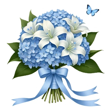 A wooden table adorned with a small bouquet of baby blue hydrangeas and creamy white lilies, wrapped in a softly frayed linen ribbon. A single blue butterfly, dusted with a hint of silver, rests lightly on the bouquet, as if drawn to its delicate fragrance. sticker