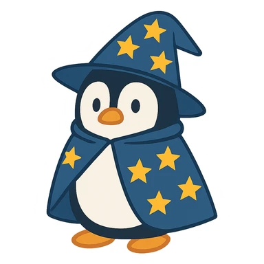 flat toon style penguin wizard with a starry hat and cape sticker