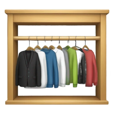 Design an emoji-style icon of an open wardrobe with clothes hanging inside. Include details like a wooden frame, hangers, and black clothing items such as shirts or any other clothing . Use a clean and minimalistic design. sticker