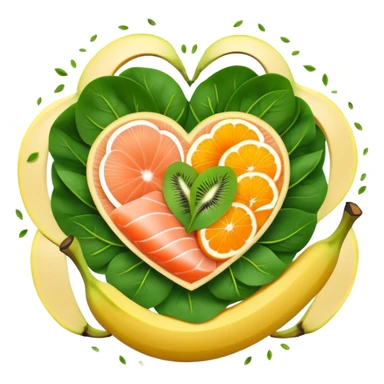 Banana, spinach leaves, salmon, kiwi, pistachios, and orange juice floating in a circle around a glowing heart that pulses with steady rhythm. Waves of electrical energy connect the foods to the heart, muscles, and nerve pathways, showing how potassium regulates fluid balance and electrical signals. sticker