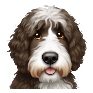 Bernedoodle with fringe over eyes dark brown with white in the cent sticker