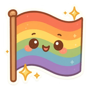chibi sticker-style sparkling rainbow flag, cute and exaggerated sticker