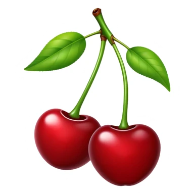 Pair of glossy red cherries with green stem, fruit sticker