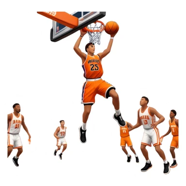 An icon showing a basketball court with players in action, inspired by NBA 2K25. A player jumps for a dunk, the ball mid-air, surrounded by a vibrant basketball arena with cheering fans and bright lights. Transparent background emphasizes the intense atmosphere sticker