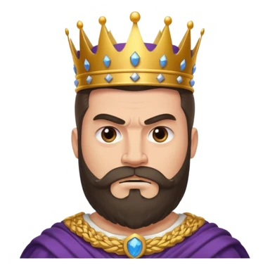 vull un perosnatge estil bimoji que sigui alt i fort amb una musculatura marcada i poderosa. Té una barba espessa i el cabell arriba fins a l'alçada del coll. Se'l representa amb la indumentària real i una corona al cap. Que tingui cara d'enfadat. sticker