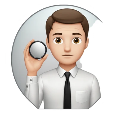 A man looking into a mirror holding his hand. He should be facing the mirror. He should be wearing a white dress shirt and a black tie. sticker