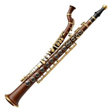 Create a detailed and elegant emoji depicting an oboe. The design should include a thin cylindrical black oboe body with intricate keys visible along its entire length. A small cane, typical for this instrument, should be visible in the upper part. Use rich wood tones with silver or brass inserts on the keys to emphasize the high quality of oboe performance. Add subtle musical notes surrounding the instrument to emphasize its expressive, melodic sound. The background should be transparent. sticker