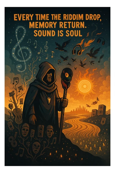 Create a mythical, animated-style poster set in a timeless world where sound is sacred. At the center, a hooded guardian of rhythm stands on a hill, overlooking a vast land shaped like a giant soundwave.

He holds a staff made of melted vinyl records, glowing with faint reggae colours — red, gold, and green. Around his neck is a lion’s fang pendant, and behind him, a swirling constellation shaped like a treble clef lights the sky.

From the earth, roots twist upward into musical notes, connecting instruments, speakers, and ancestral masks half-buried in the soil.

A flock of birds made from broken headphones and fire rises from the horizon — flying toward a glowing sun that pulses like a subwoofer.

Below, scattered across the valley, are tiny glowing embers — each one representing a soul still dancing, still alive.

In the sky, faint words form from the clouds:
“Every time the riddim drop, memory return. Sound is soul.”

The artwork should feel ancient, futuristic, and sacredly street — part graffiti, part prophecy, part roots revival. sticker