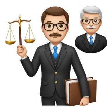 “Create a clean, modern emoji-style illustration of a male lawyer. He is wearing a formal suit jacket. He is holding a judge’s gavel in one hand and has a law book tucked under his arm. He has a mustache and a short beard, and he is wearing glasses. sticker