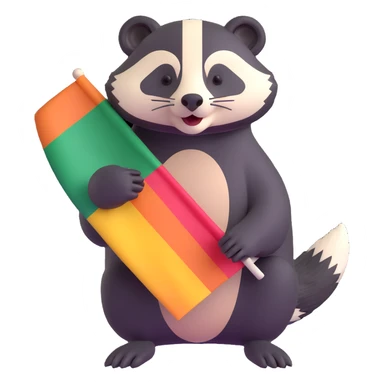 a stylized badger with fur in lesbian pride flag stripes, playful pose sticker
