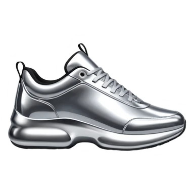 A pair of futuristic sneakers emoji made of silver chrome, sleek streetwear design, smooth metallic panels, subtle reflections, luxury swag aesthetic, iOS emoji style, centered, clean white background sticker
