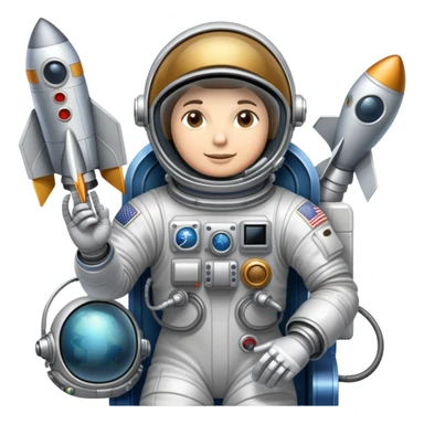 An icon featuring a rocket, a satellite, and an astronaut helmet, symbolizing aerospace technology. The design includes a spaceship, control panels, and orbiting satellites, representing space exploration and aircraft engineering. Transparent background highlights the innovation in aeronautic sticker