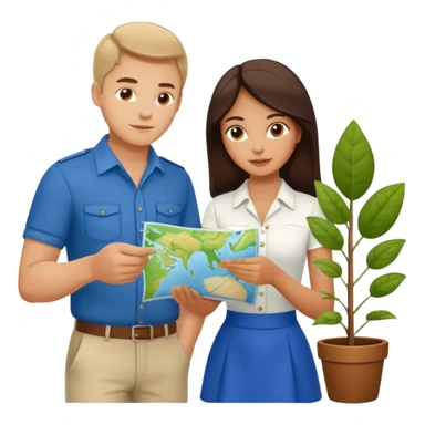 Russian man and elegant Latina girl in cute outfits with a map planning plants sticker