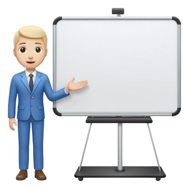 A clean emoji-style illustration of a person giving a presentation, standing next to a large presentation board on a stand, board empty and white, no podium, no desk, no table, friendly proportions, soft 3D emoji style sticker