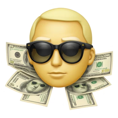 yellow head emoji with dollar bills for eyes, wearing slightly transparent black sunglasses, money symbols on face sticker