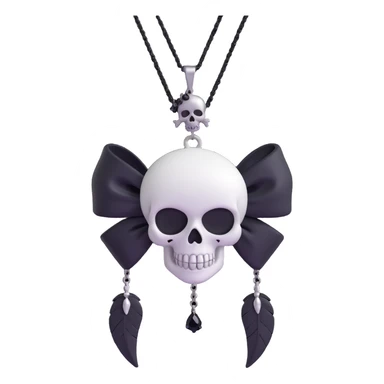 3D emoji gothic bow, white satin, silver skull charm, black feather accents, black gemstone, black chain fringe sticker