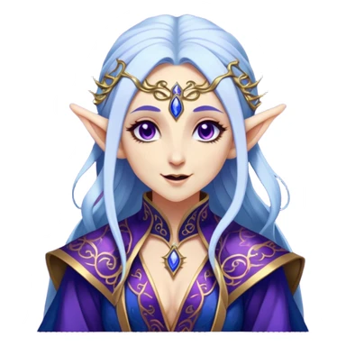 Cinematic Realistic WoW Elf Mage Portrait, head tilted dramatically with an exaggeratedly amused expression, blending timeless arcane wisdom with a touch of unexpected playfulness. Her luminous, porcelain-like skin and delicate features, complemented by an intricately detailed robe in deep blues and purples with golden filigree, are rendered with lifelike texture and dynamic magical lighting, high shine, dramatic yet whimsical, capturing the essence of an elven mage whose epic mastery is tinged with charming irreverence. sticker