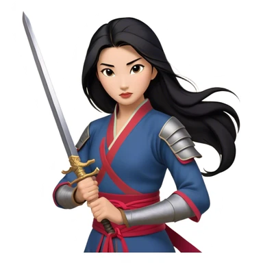 Cinematic Realistic Mulan Portrait, depicted with lifelike skin texture, soft natural lighting, and intricately detailed long black hair styled elegantly. Her deep, expressive eyes exude determination and grace, complemented by a serene yet confident expression. She stands with one hand resting on the hilt of her sword, the other by her side, exuding strength and poise. She is dressed in her classic attire, with rich fabric textures and delicate folds that catch the light beautifully. The portrait features a soft, enchanting glow with a natural, radiant finish, capturing the essence of timeless strength and beauty in a realistic and painterly style, evoking a sense of depth and authenticity. sticker