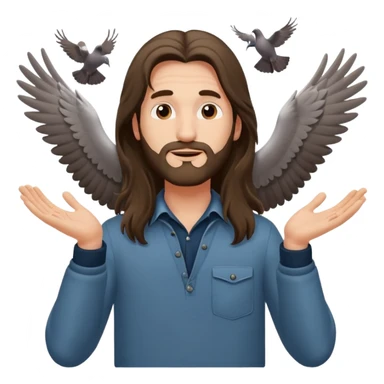 long haired man open arms looking at a flying pigeon sticker