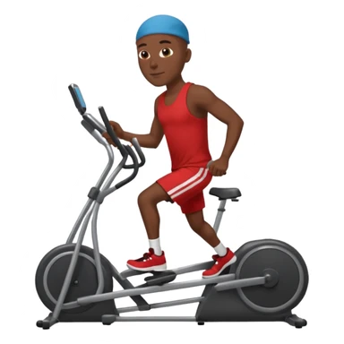 dark skin bald African American man on elliptical machine with red tank shirt and black shorts sticker