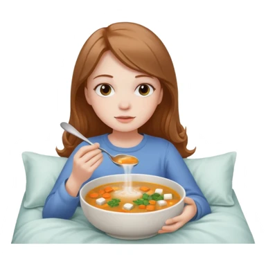 tazita de sopa, pastillas al lado y una chica en una cama sticker
