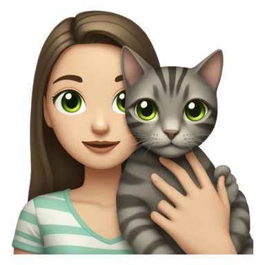 Brunette girl with green eyes, holds a gray, striped, brown-eyed cat in her arms sticker