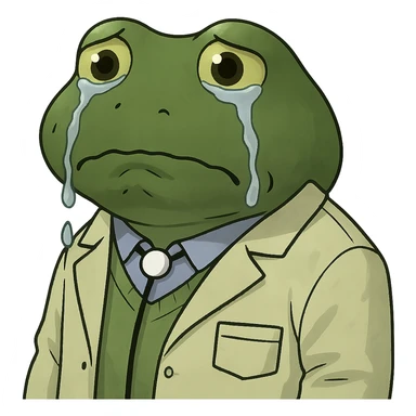 Add visible tears to the bufo frog doctor wearing a doctor's coat, with an extremely sad expression facing forward, no background. Keep the bufo frog style and emphasize the tears and sadness in the eyes clearly. sticker