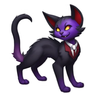 Anthro-Cute-Edgy-Vampiric-Batty-Cat-Black-Purple-Red-Grey-White-Yellow-Contrast-Colors-Fantasy-Fur-Sona-Chibi-Shiny-Fakémon-Hybrid with horns and big fangs, neck tie, leg spats full body sticker